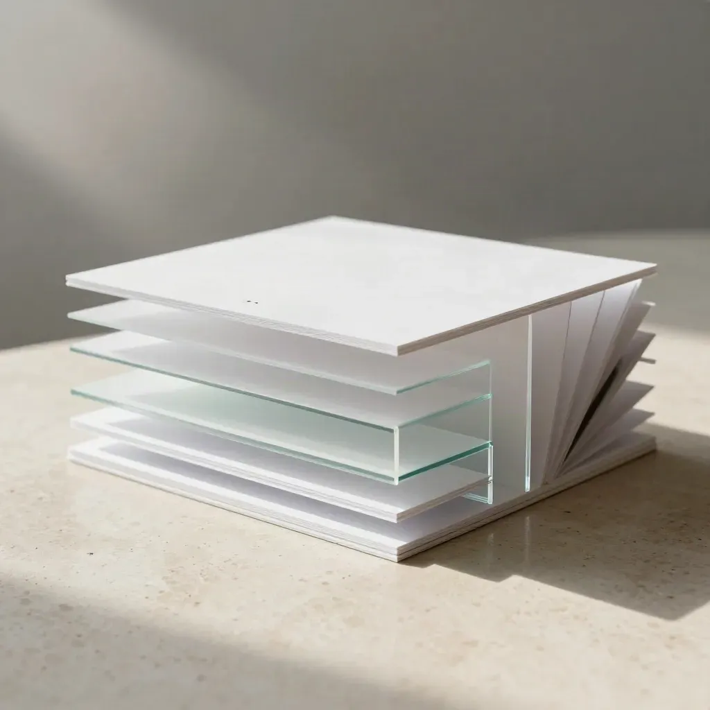 Maqueta premium de landing page en blanco y vidrio sobre travertino, con luz suave y aspecto editorial.