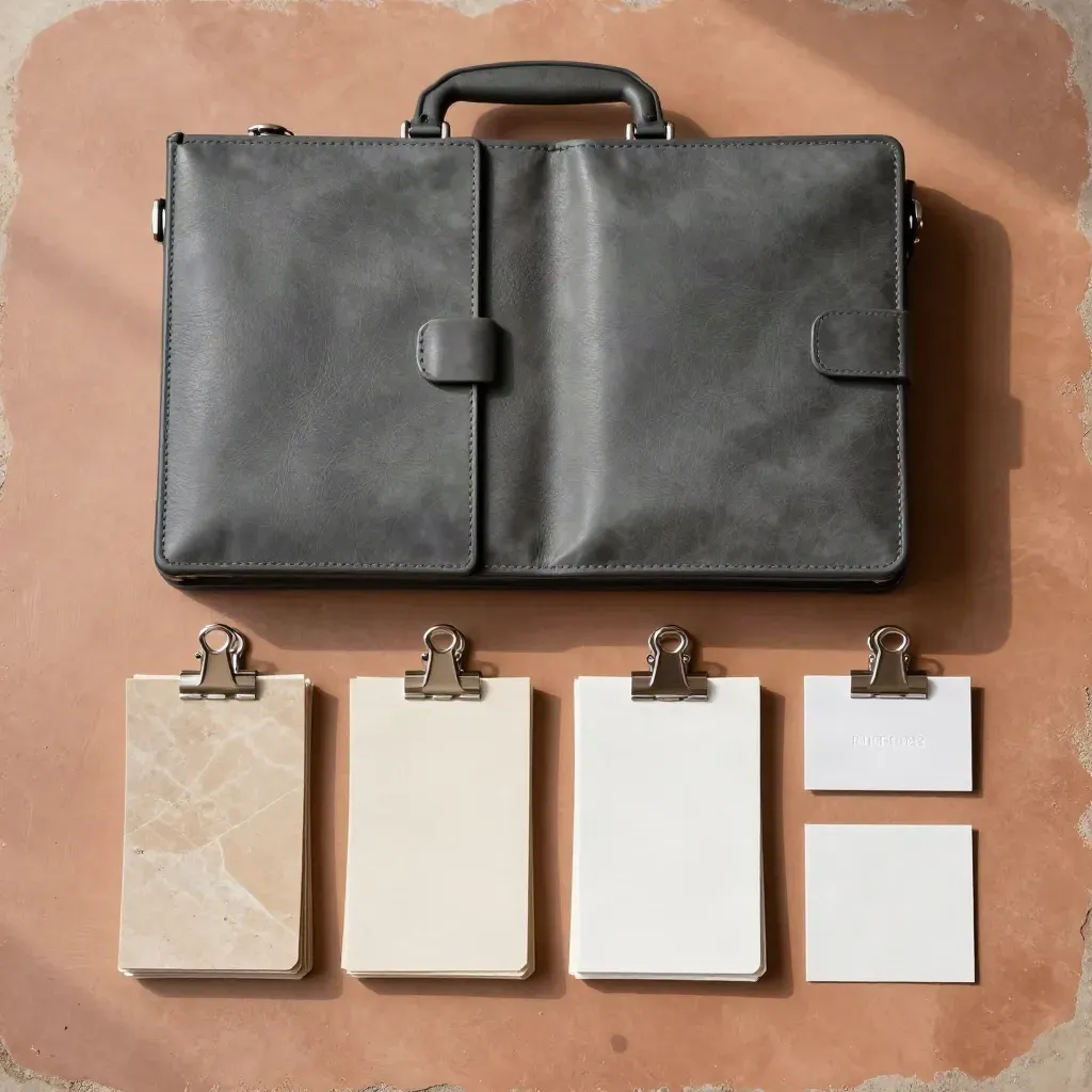 Maletín grafito con cuadernos cerrados, muestras de papel y clips sobre una base terracota.