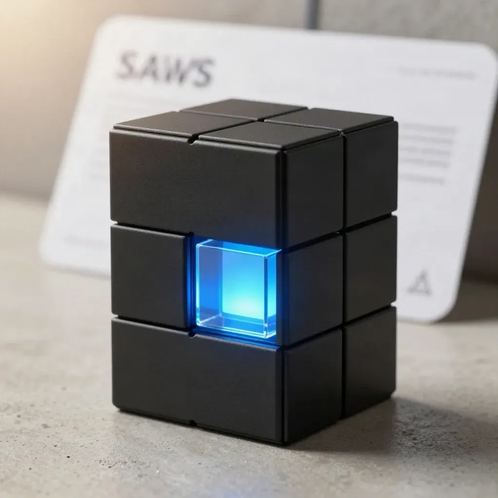Bloque SaaS negro con cubos translúcidos y núcleo azul brillante sobre base de hormigón.